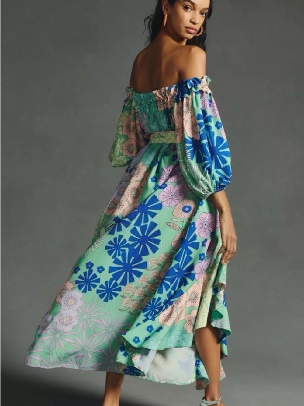 Anthropologie Oopscool Off-Shoulder Floral Midi Dress in Mint and Blue size S - Picture 2 of 10